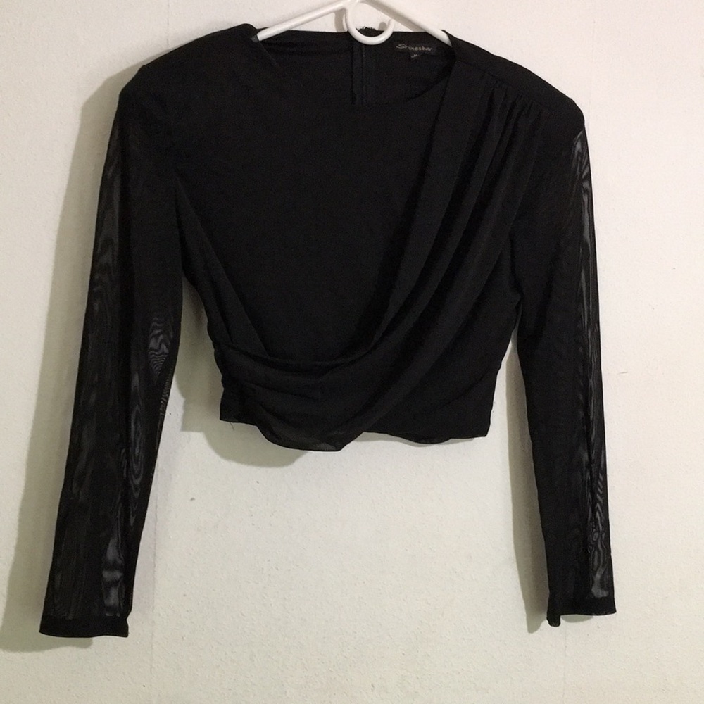 ShineStar Cropped Sheer Faux Wrap Blouse: Size Medium